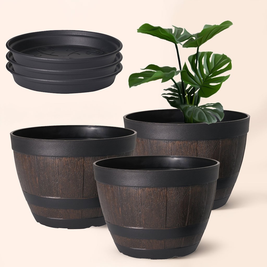 Javlergo 3 Pack 9" Barrel Planters Set with Drainage Holes PP Plastic Plant Pot Set for Indoor Use Outdoor Garden