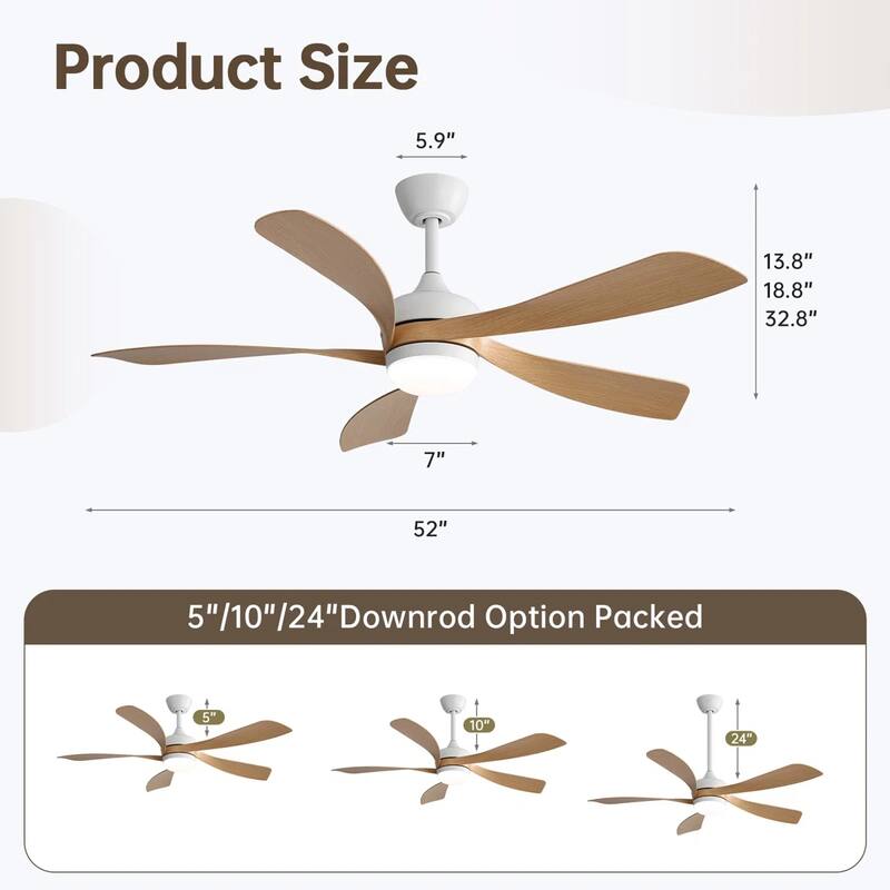 52 Inch Ceiling Fan with Light and Remote for Living Room Bedroom Dining Room Patio Farmhouse - 52 Inches