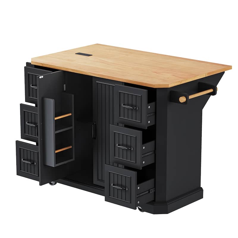 Farmhouse Kitchen Island with Drop Leaf & Power Outlet, 56" Folding Kitchen Table with 6 Drawers and 4 Shelves, Towel Rack