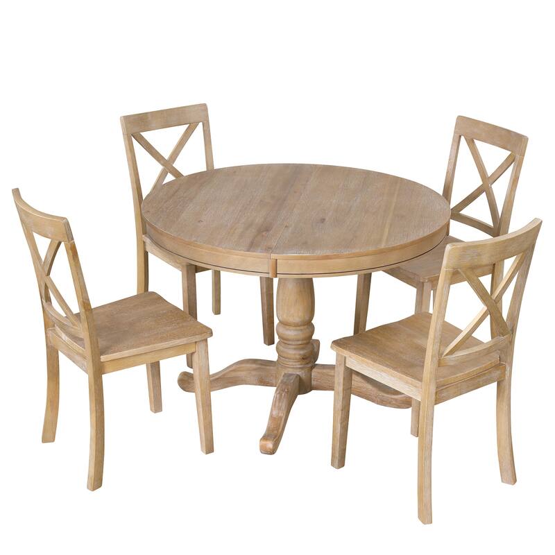 5 Piece Wood Dining Table Set, Kitchen Dining Table Set with Extendable Round Dining Table and 4 Chairs with Backrest