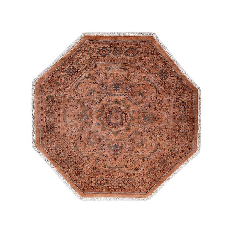 Overton Hand Knotted Wool Vintage Inspired Modern Contemporary Overdyed Pink Octagon Area Rug - 4' 3" x 4' 4"