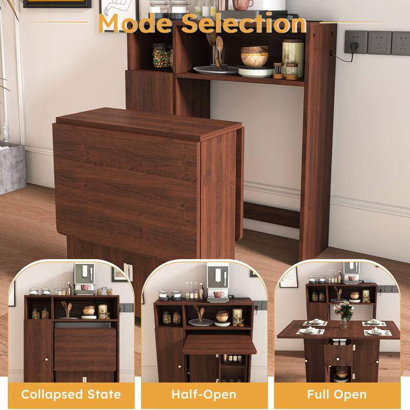 Folding Dining Table and Storage Sideboard with Charging Station， Multifunctional Space-Saving Kitchen Table with Wheels