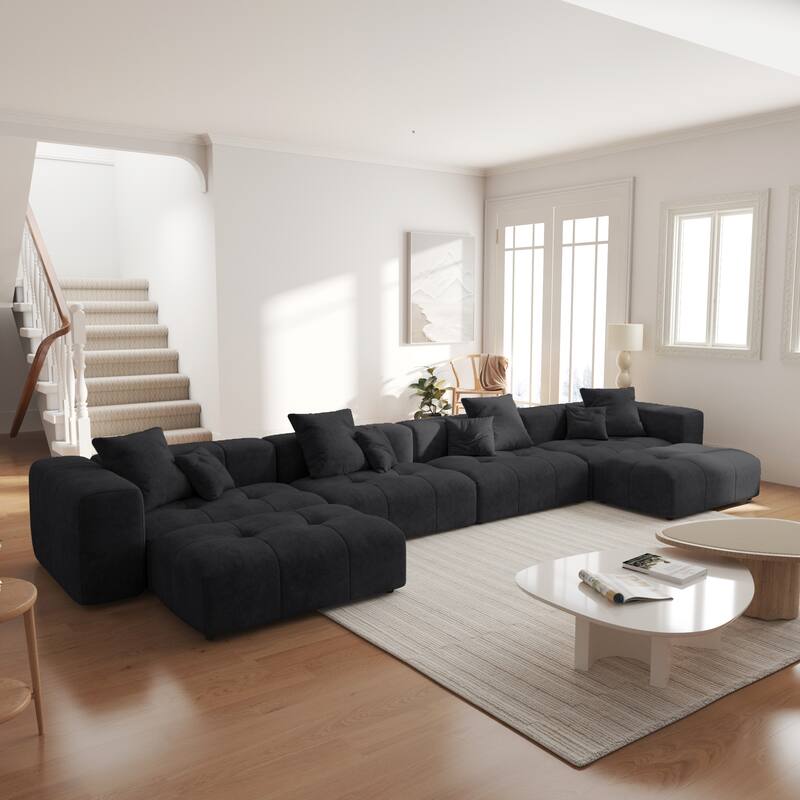 183.54" Linen Sectional Sofa U-shaped Modular Couch Wide Armrest Sofa with Pillows for Living Room - Black
