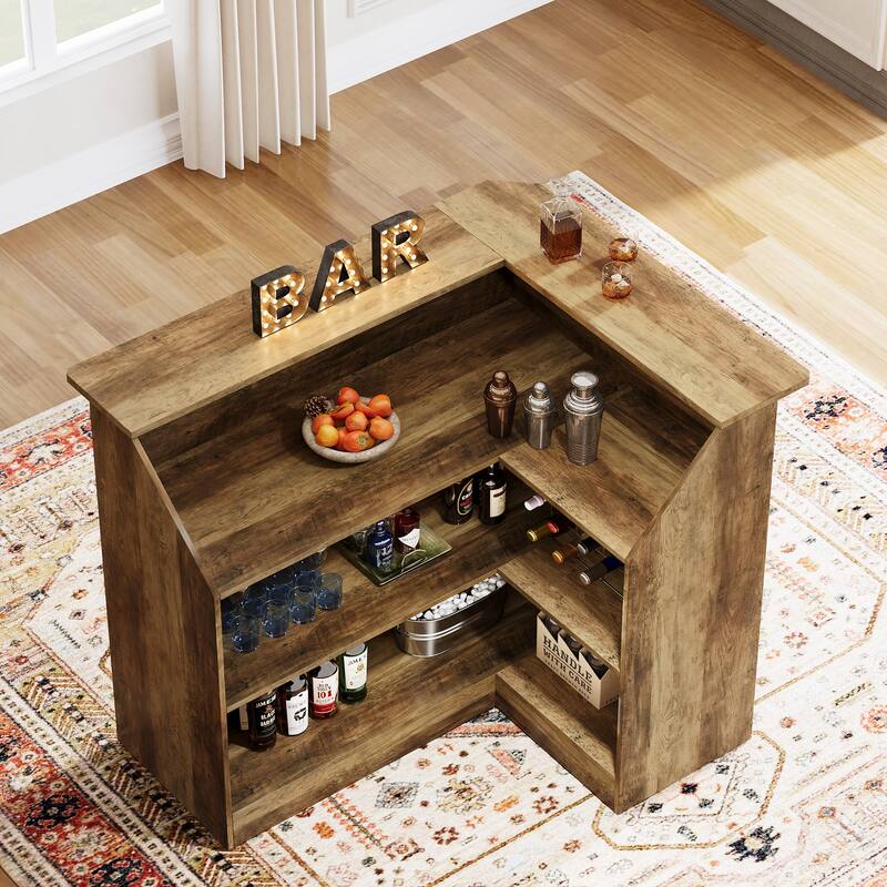 Black 4-Tier Bar Cabinet, L-Shaped Wood Home Bar Table