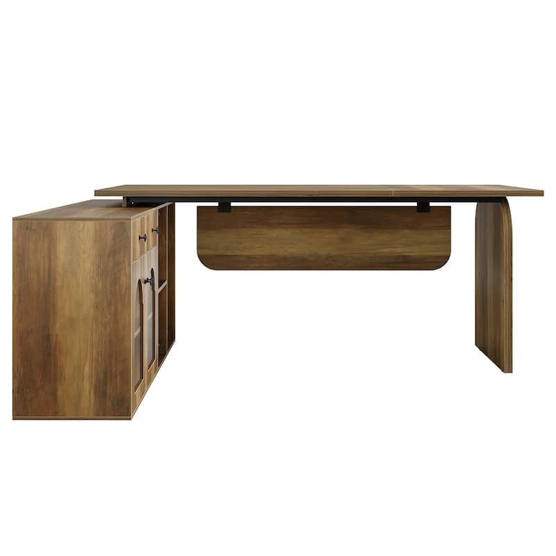 Wood L-Shaped Executive Desk with File Cabinet for Home Office