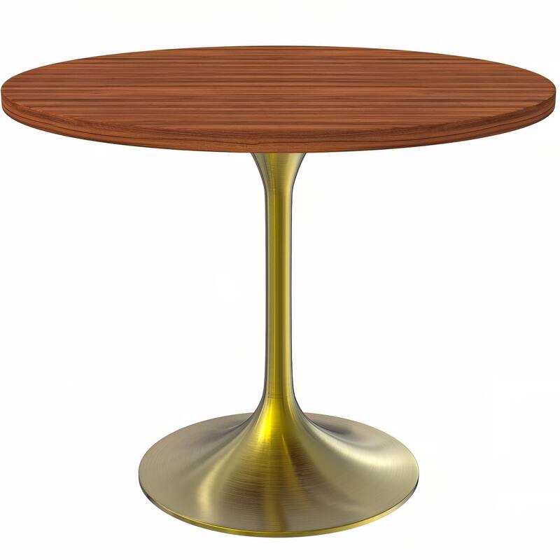 LeisureMod Verve 36" Round Dining Table with MDF Wood TableTop and Brushed Gold Base for Kitchen & Dining Room - Cognac Brown