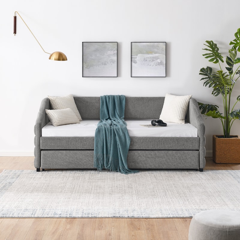 Twin Linen Tufted Daybed with Trundle