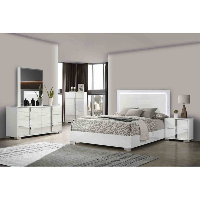 White Finish Contemporary Bedroom Furniture with LED Headboard Bed Nightstand Mirror Dresser Chest