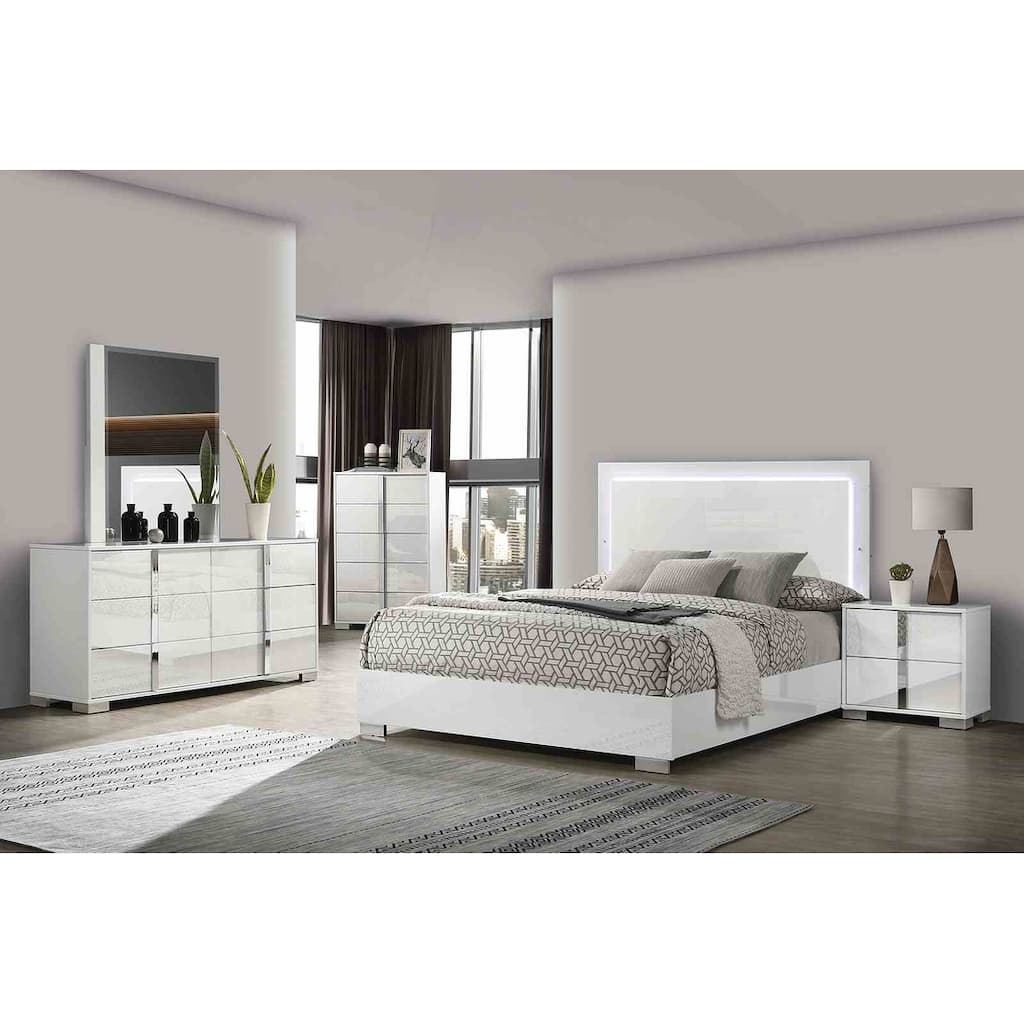 White Finish Contemporary Bedroom Furniture with LED Headboard Bed Nightstand Mirror Dresser Chest