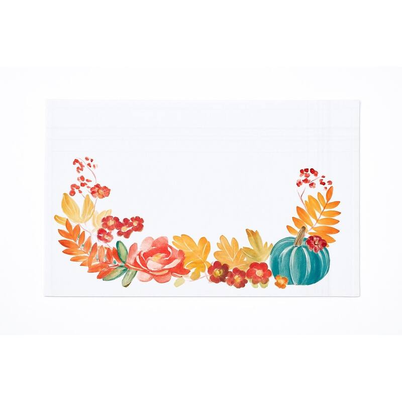 Harvest Teal Pumpkin Flower Leaves Cloth Placemats Set of 6 Autumn, 14" x 20" - Beige