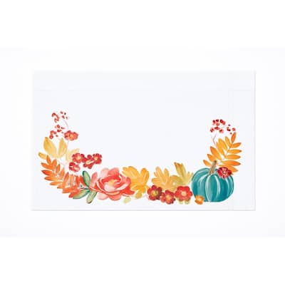 Harvest Teal Pumpkin Flower Leaves Cloth Placemats Set of 6 Autumn, 14" x 20" - Beige