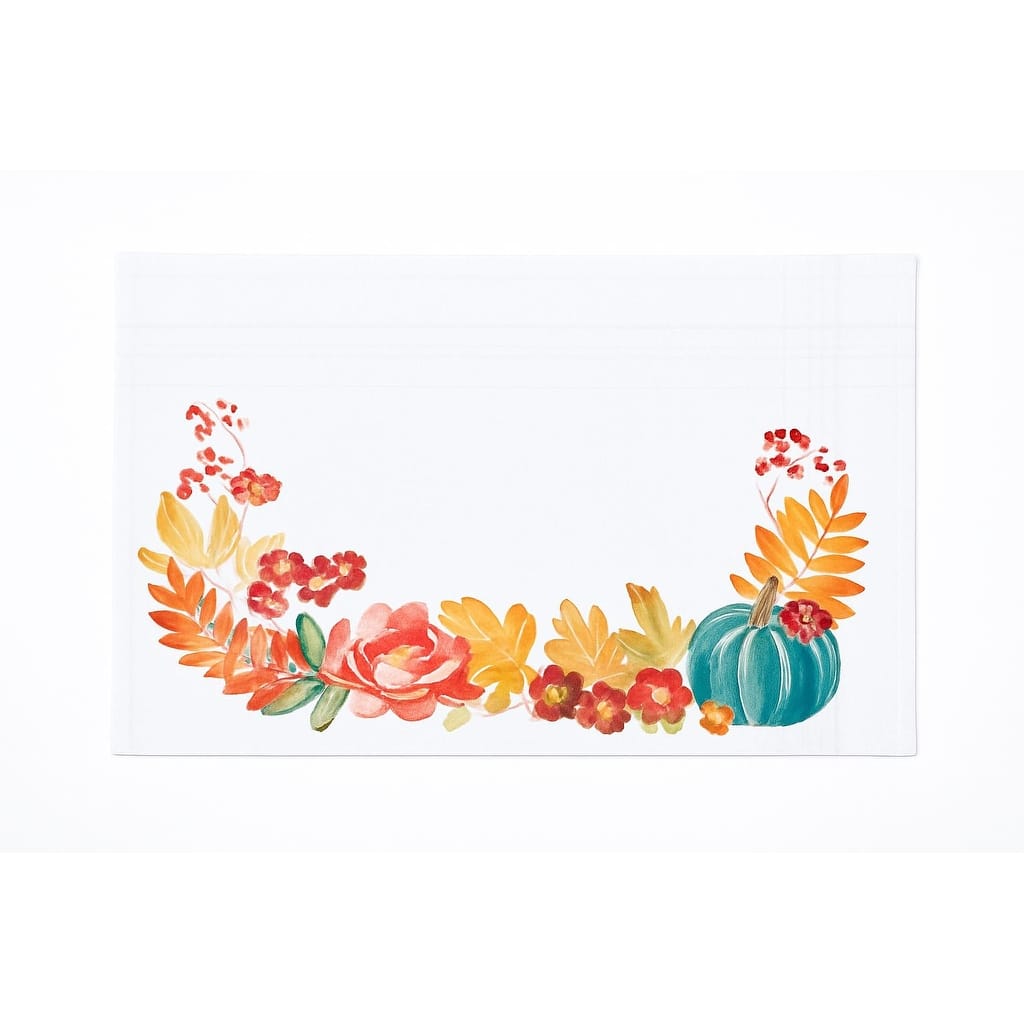 Harvest Teal Pumpkin Flower Leaves Cloth Placemats Set of 6 Autumn, 14" x 20" - Beige
