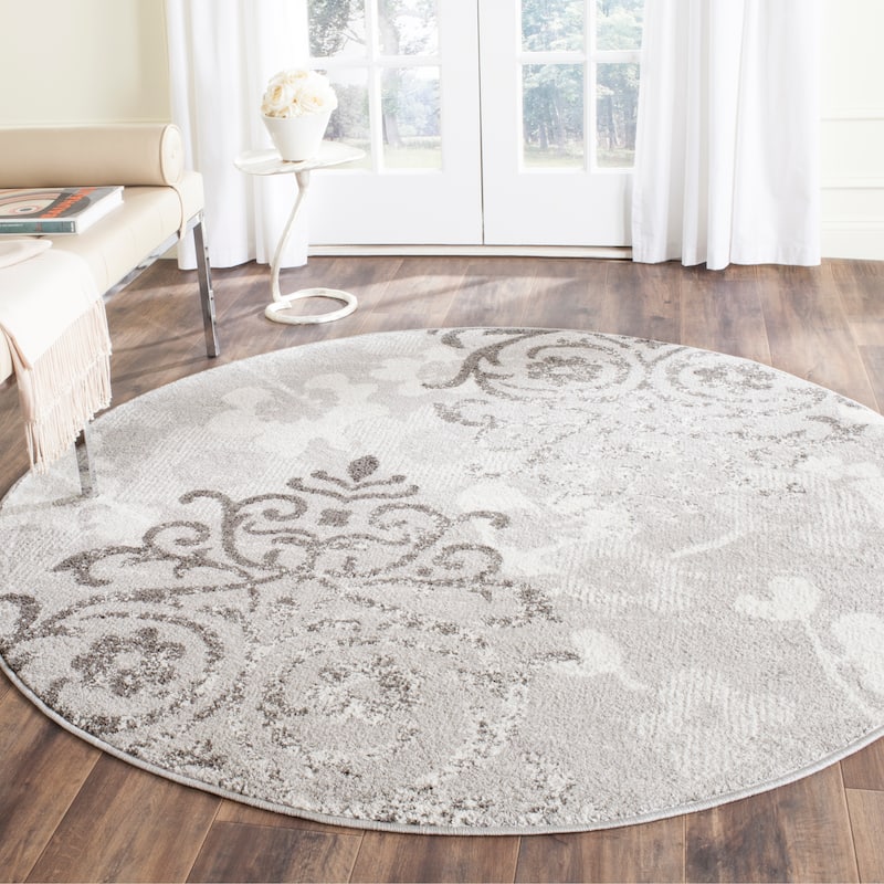 SAFAVIEH, Adirondack Rena Damask Floral Distressed Rug - 8' Round - Silver/Ivory