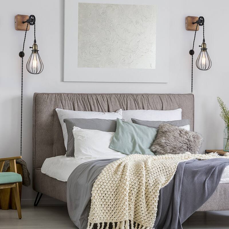 Industrial Farmhouse Plug in Wall Sconce with Wire Shade, Metal Wall Lamp Cage with Pulley Lift Rustic Wood LED Wall Lamp