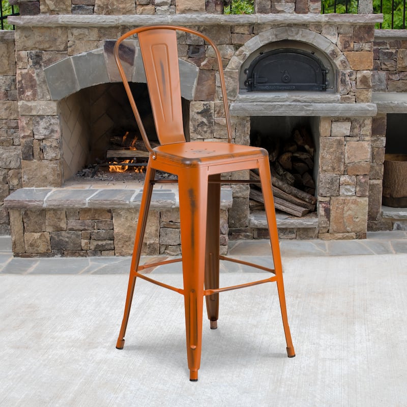 30" High Distressed Metal Indoor-Outdoor Barstool with Back - 18"W x 19"D x 46"H - Orange