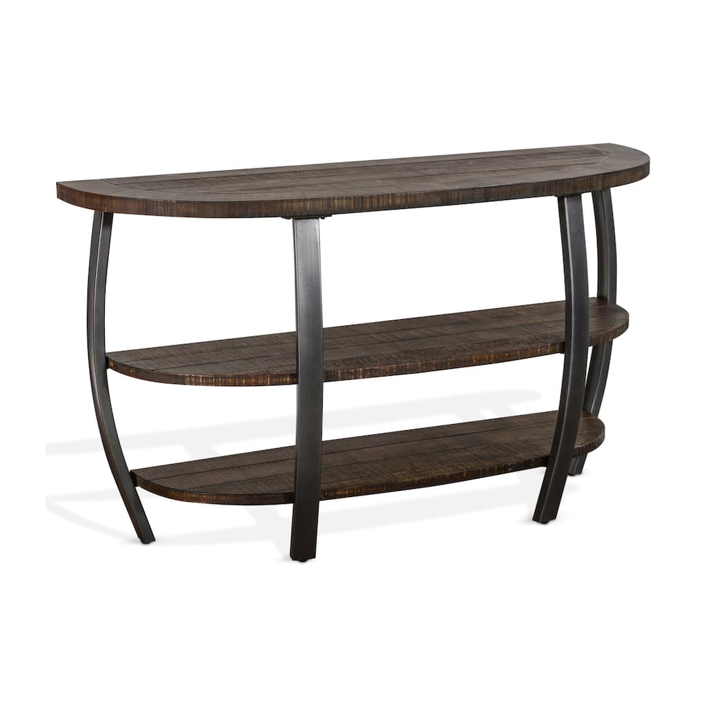 Flint Sofa Table w 2 Shelves, 52 Inch Semi Circle Top, Brown, Barrel