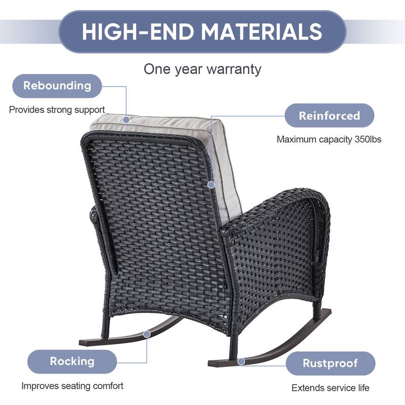 PlainCurve 3-Piece Wicker Outdoor Patio Conversation Set with Rocking Chairs and Olefin Cushions