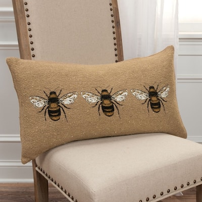 Rizzy Home Beige, Black, White, and Yellow Bee Throw Pillow