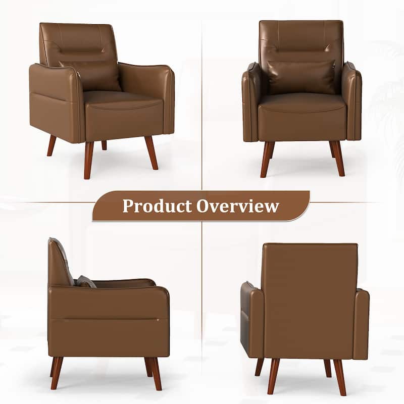 Button Tufted Faux Leather Accent Chair Armchair with Solid Sagwan Wooden Frame