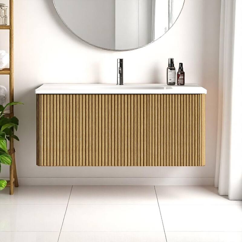 36" Floating Bathroom Vanity, Integrated Ceramic Sink, Push-Open Drawer & U-Shape Wall Fitting,Wall-Mounted MDF Vanity Cabinet - White+Oak - 36" Melamine White+Oak