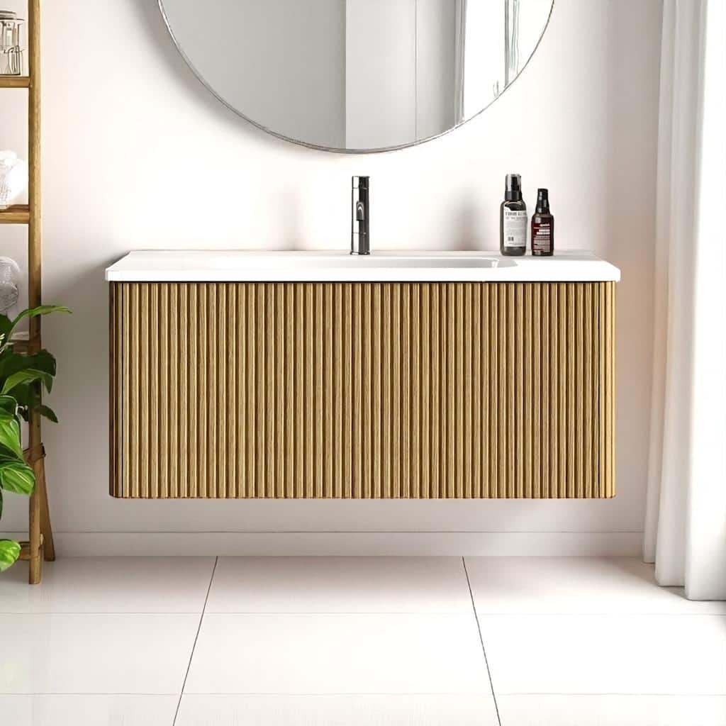 36" Floating Bathroom Vanity, Integrated Ceramic Sink, Push-Open Drawer & U-Shape Wall Fitting,Wall-Mounted MDF Vanity Cabinet
