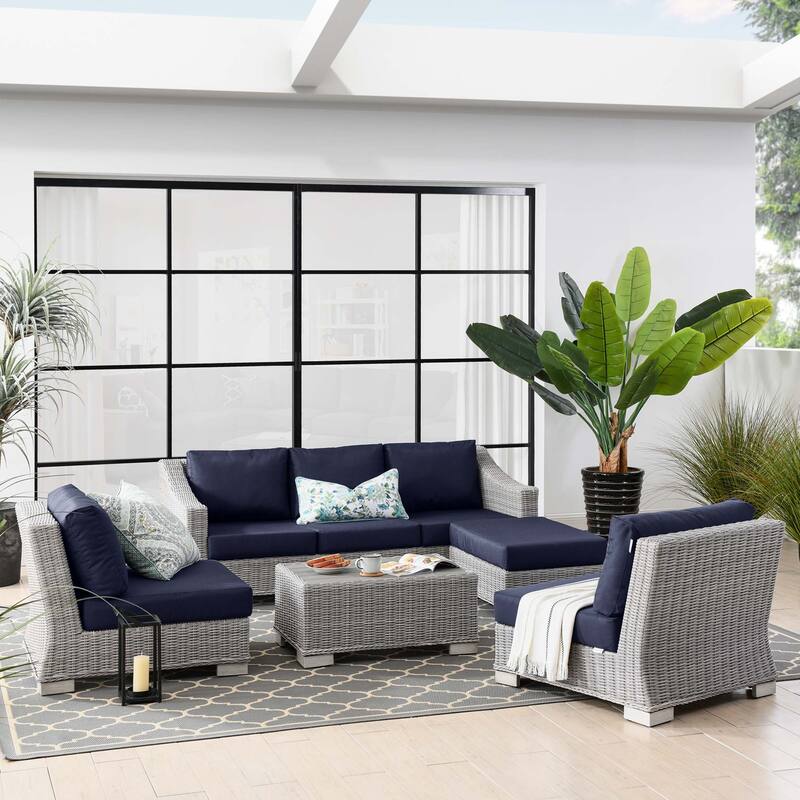 Conway 5-Piece Outdoor Patio Wicker Rattan Furniture Set - Navy/Blue