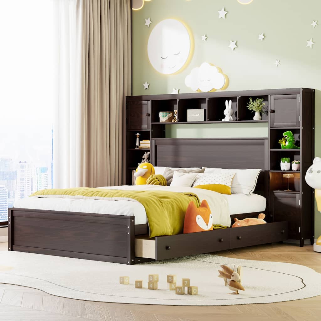 Queen Size Platform Bed with All-in-One Cabinet and Built-in Sockets