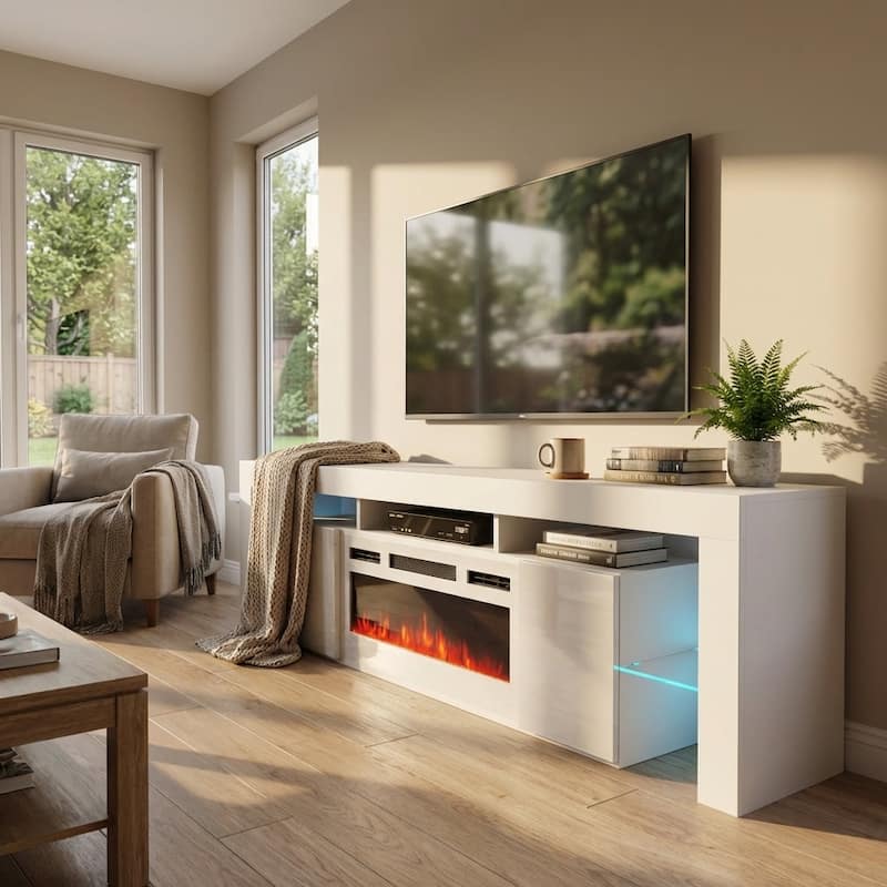 Meble Furniture Soleo WH-EF 79" E-Fireplace TV Stand - Hi-Gloss Entertainment Console with Adjustable