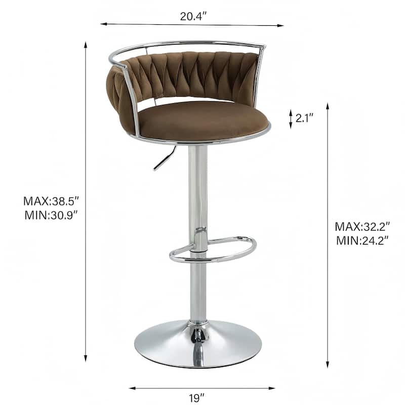 Velvet Upholstered Adjustable Bar Stool Swivel Counter Chair Set of 2