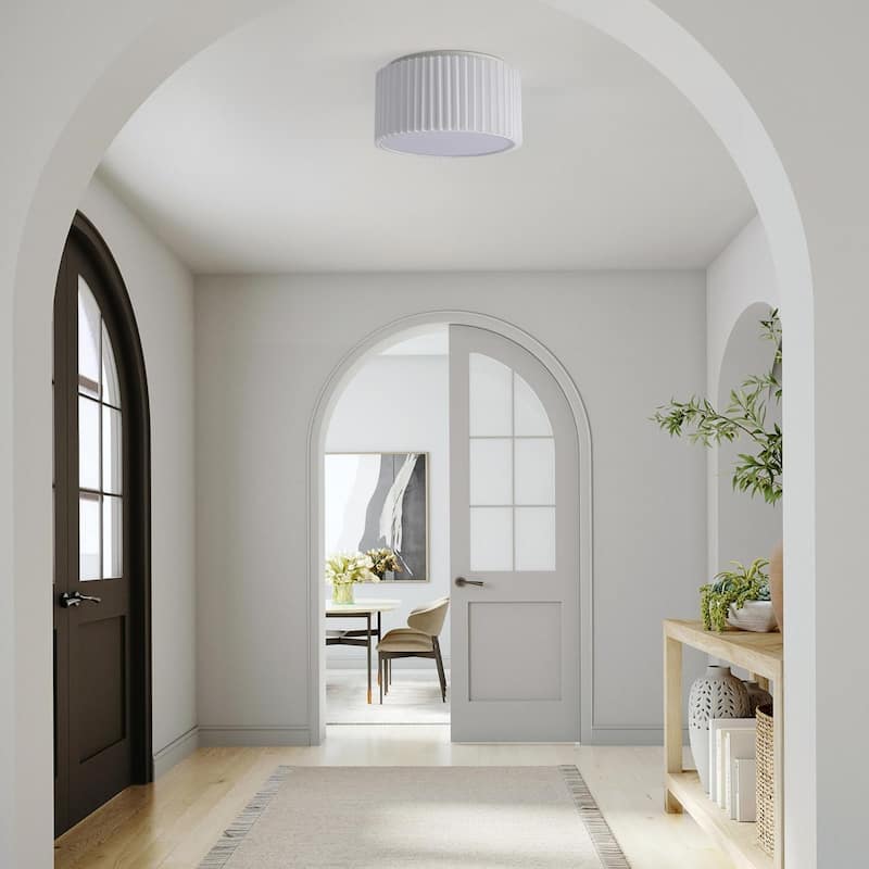 2-Light Modern Fabric Flush Mount Ceiling Light with Pleated Drum Shade - White