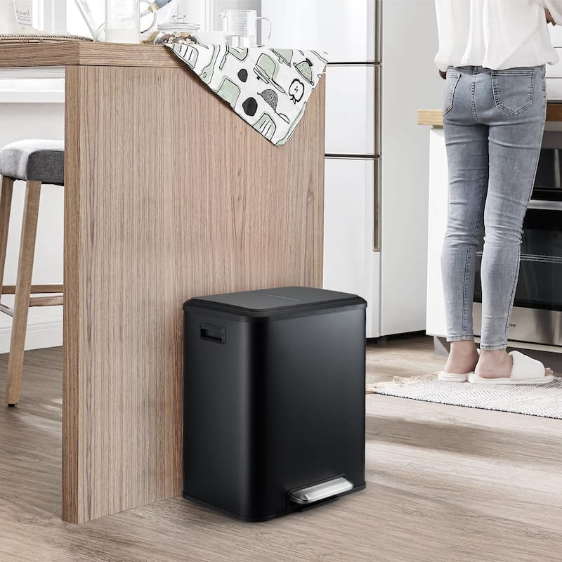 Hands-Free Stainless Steel Dual Trash Can 2 x 4 Gal (2 x 15L) with Lid and Inner Buckets