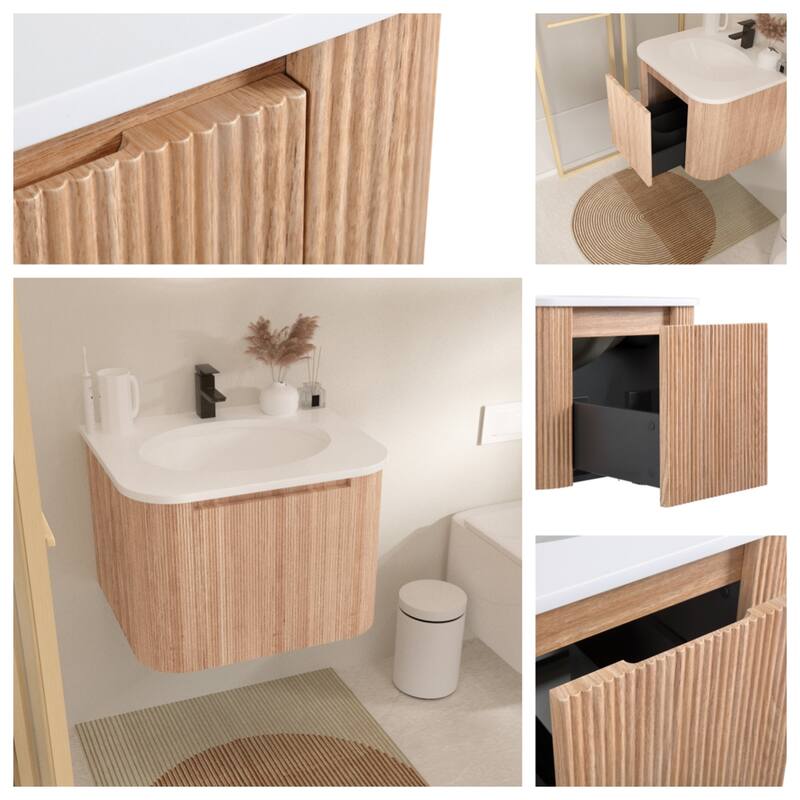 24" Wall Mounted Bathroom Vanity with Sink Curved Design, Soft Close Drawer