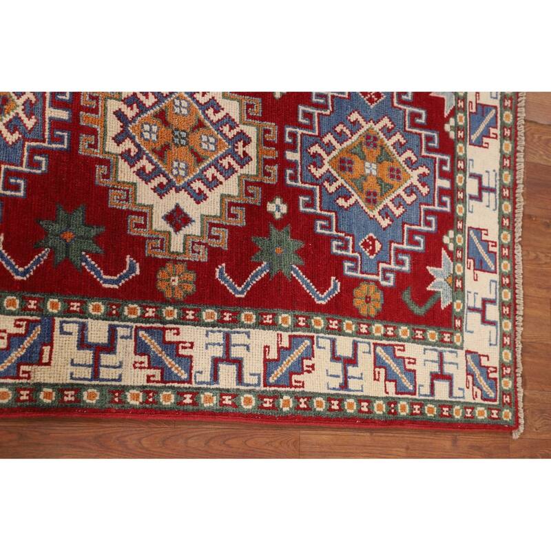 Geometric Red Kazak Accent Rug Hand-Knotted Foyer Wool Carpet - 2'9" x 4'1"