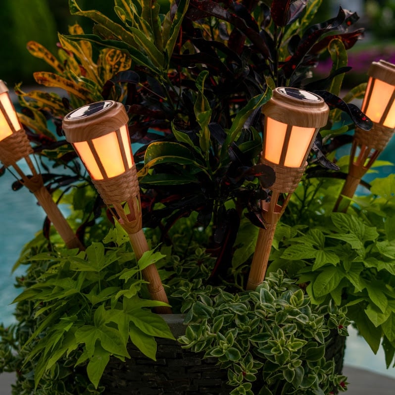 Solar LED Bamboo Flickering Flame Tiki Torch Lights - Bed Bath
