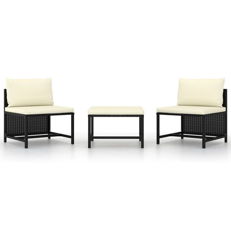 Reno 3pc Outdoor Modular Sofa Set with Ottoman, Ivory, Black Rattan