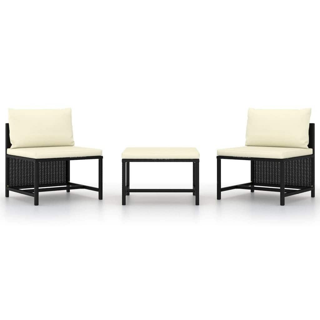 Reno 3pc Outdoor Modular Sofa Set with Ottoman, Ivory, Black Rattan