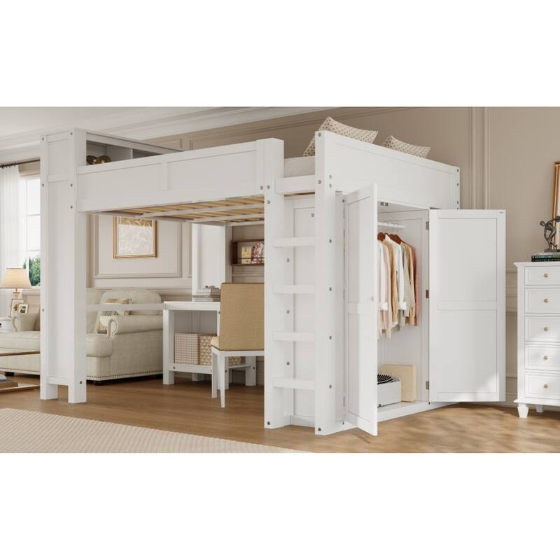 Roomfitters Queen Loft Bed with Wardrobe, Desk, Storage Headboard and USB