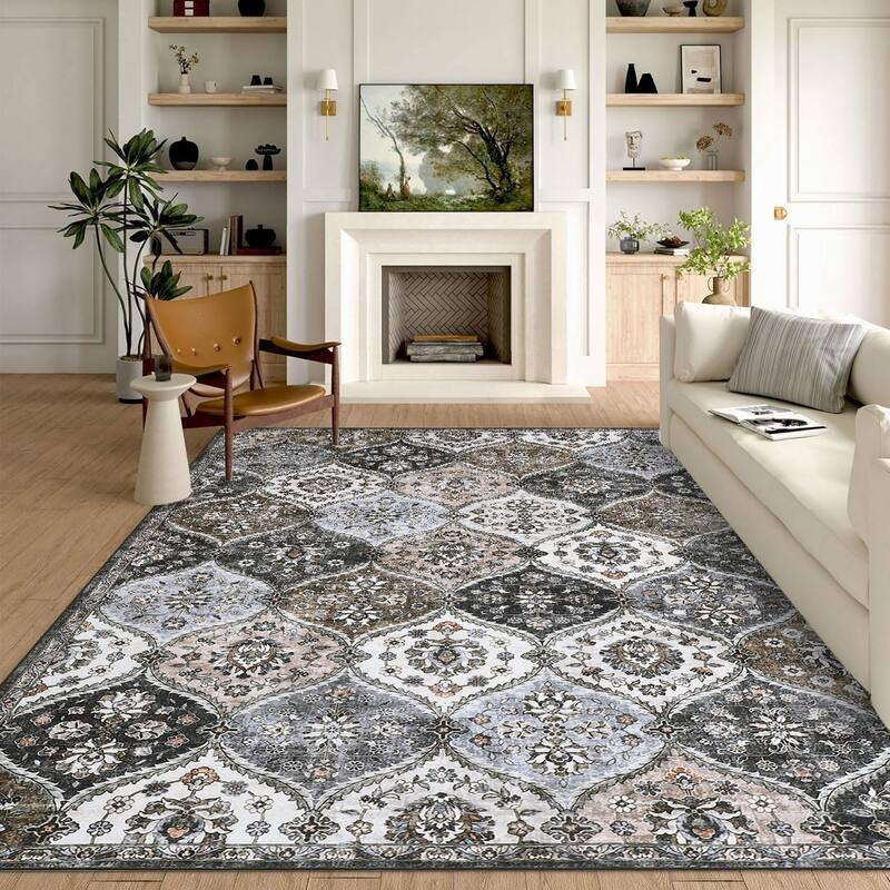 Rugs for Living Room Vintage Oriental Trellis Area Rug Soft Non Slip Low Pile Accent Rugs for Dining Room Office