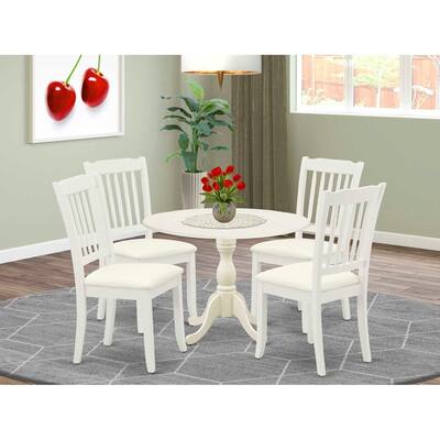 HomeStock 5-Piece Linen White Finish Solid Wood Top Dining table with 4 Chairs with Drop Leaf Slat Back