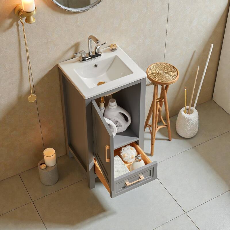 18" Fully Assembled Freestanding Bathroom Vanity with Top, Solid Wood Cabinet & Soft-Close Door and Drawer Design