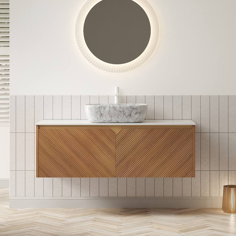 48" Bathroom Vanity&Sink, Floating Plywood Storage Cabinet,Twill Double Doors,Marble Pattern Ceramic Vessel Basin&Stone Top - Carrara White+Oak,Stone Gray