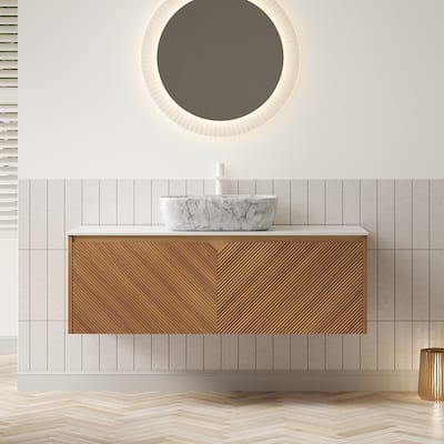 48" Bathroom Vanity&Sink, Floating Plywood Storage Cabinet,Twill Double Doors,Marble Pattern Ceramic Vessel Basin&Stone Top