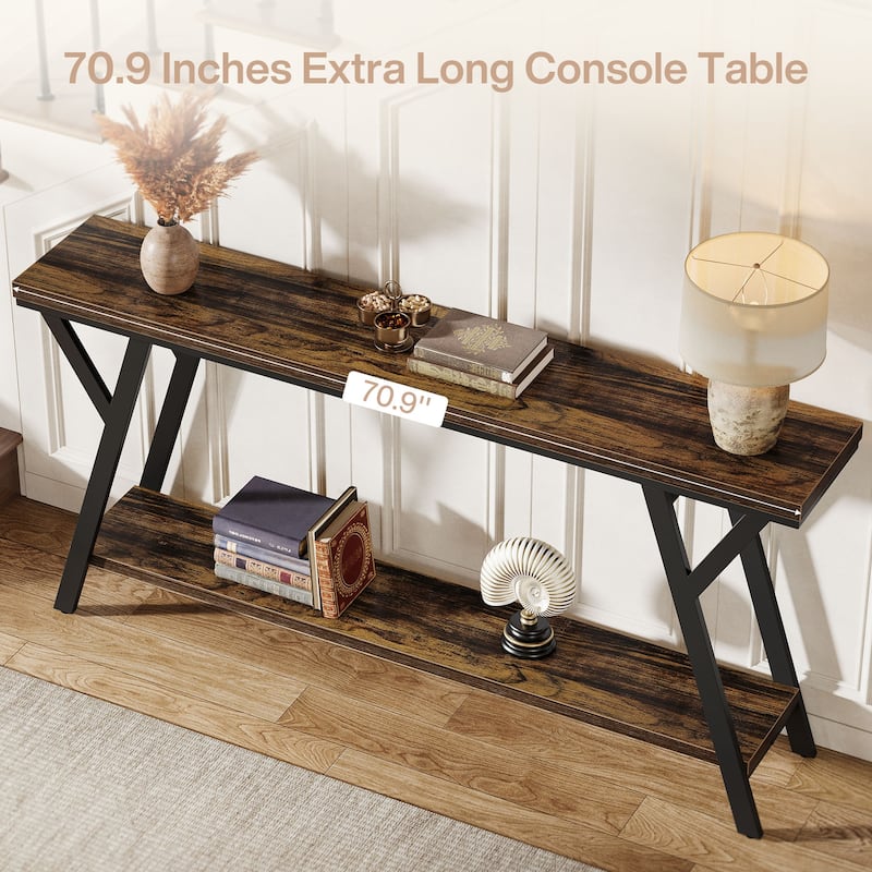 Industrial Sofa Table Behind Couch with 2-tier Storage Shelf for Hallway