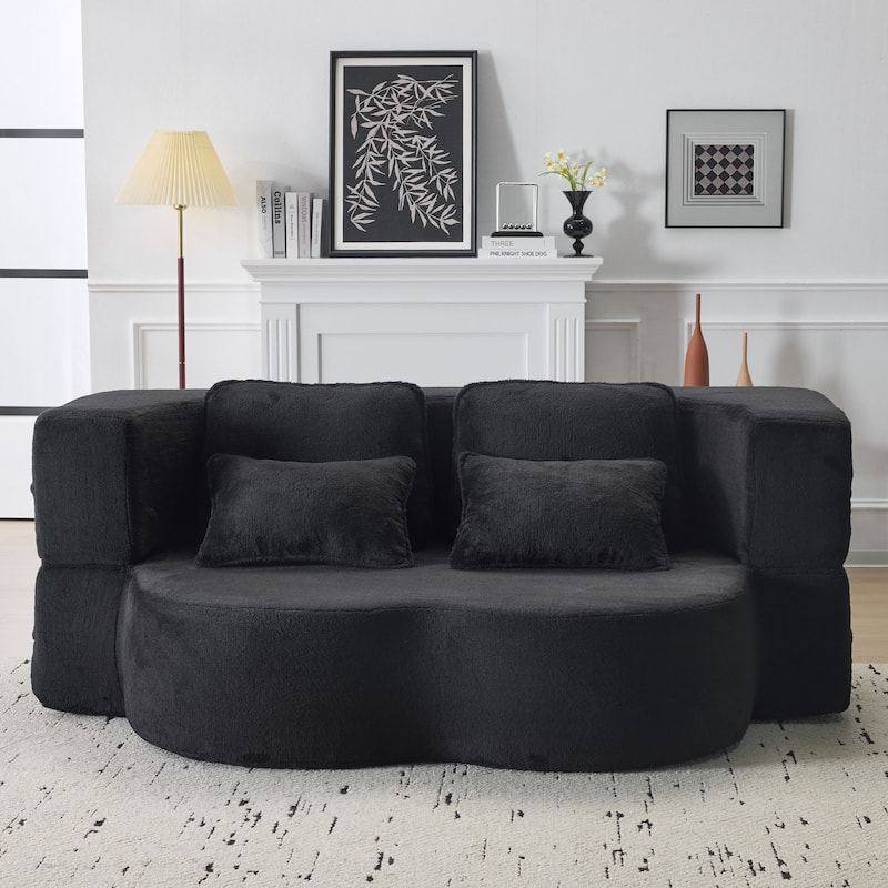 Folding Plush Futon Loveseat Couch Converts into Sleeper Sofa Bed or Yoga Mattress, High-Density Foam Queen Size Floor Bed - Black