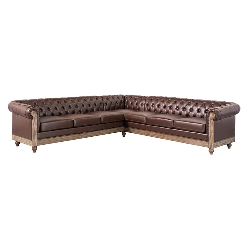 L-Shaped Sectional Sofa with Nailhead Trim & Wooden Legs, PU Leather Upholstered Sofa, Large Corner 6-Seater Sofa