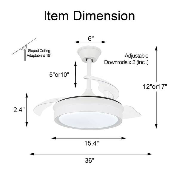 dimension image slide 4 of 5, 36" Modern Retractable Ceiling Fan with Led Light, 6-Speed Reversible Ceiling Fan with Remote - 36