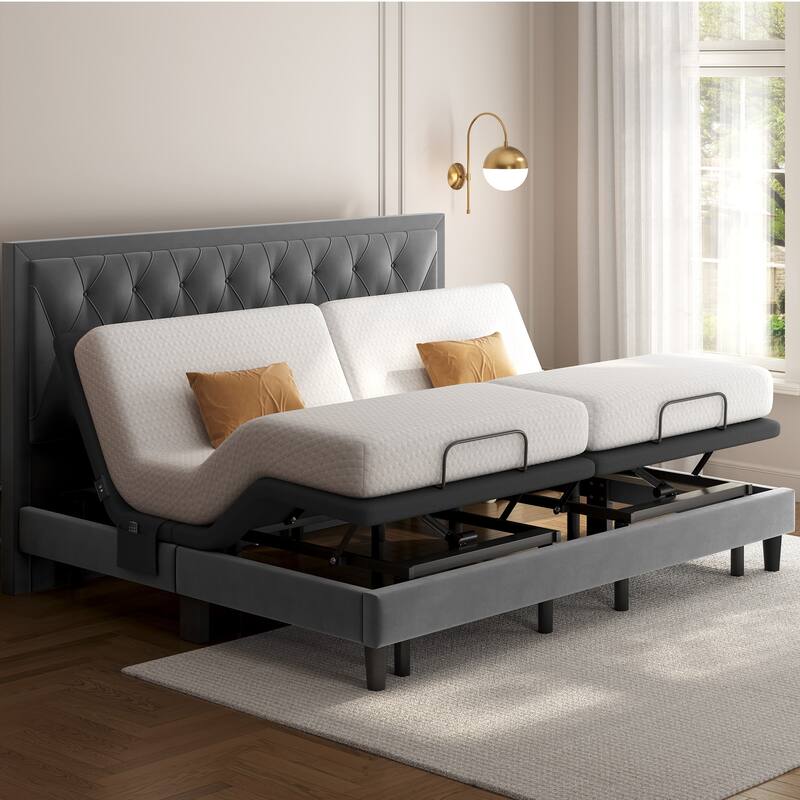Yaheetech Upholstered Adjustable Twin XL/Queen/ Split King Size Bed Frame with Independent Head & Foot Incline - Black - Split King