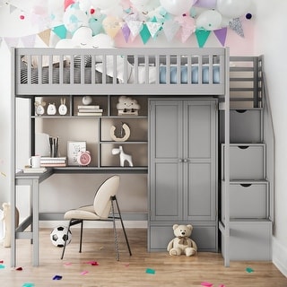 Full size Loft Bed with Bookshelf,Drawers,Desk,and Wardrobe