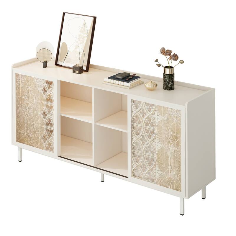 Anmytek Rustic White Accent Cabinet with Geometric Sliding Doors Mid Century Storage Sideboard for Living Room