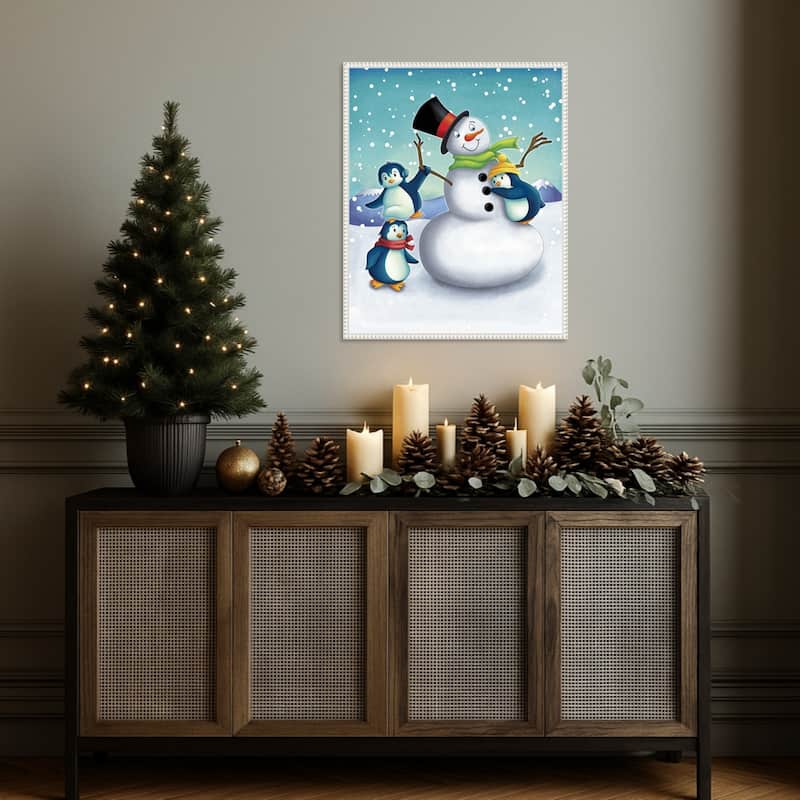 Joyful Snowman by Josefina (23 x 28 in.), Framed Canvas Wall Art Print - Sylvie Beaded White